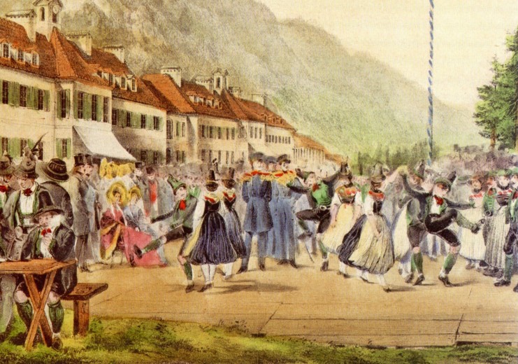 Die kolorierte Lithographie „Tanz nach dem Schießen“ erinnert an den Besuch der russischen Zarin Alexandra am 16. August 1838 in Bad Kreuth.
