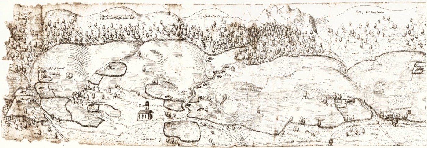 Das Dorf Lungiarü / Campill mit der Kirche in einer Darstellung aus dem Jahre 1580. Die Zeichnung wurde unter Matthäus Prack, Pfleger des Gerichtes Thurn an der Gader, angelegt.