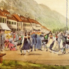 Die kolorierte Lithographie „Tanz nach dem Schießen“ erinnert an den Besuch der russischen Zarin Alexandra am 16. August 1838 in Bad Kreuth.
