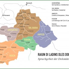 Karte des ladinischen Sprachgebietes in den Dolomiten - in Südtirol, im Trentino und im Veneto