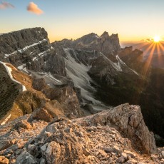 Sonnenuntergang mit Sicht auf Piz Duleda und die Cresta de Lungiarü