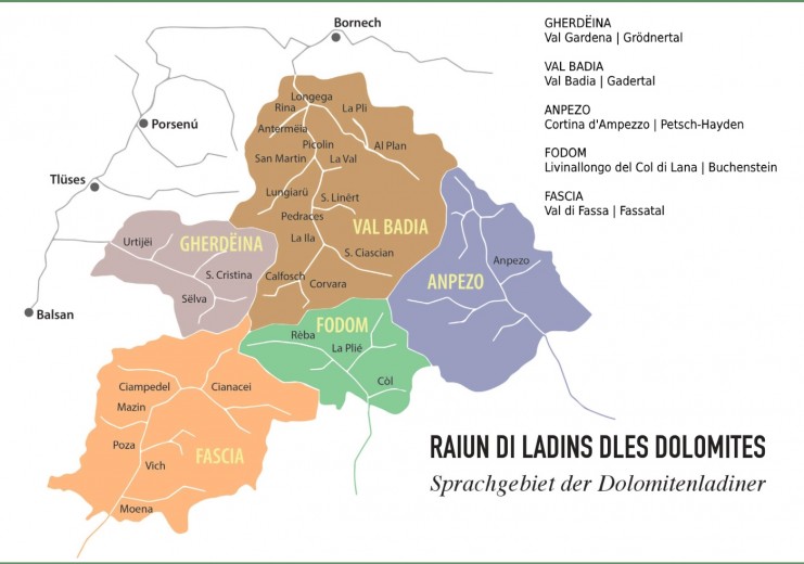 Karte des ladinischen Sprachgebietes in den Dolomiten - in Südtirol, im Trentino und im Veneto